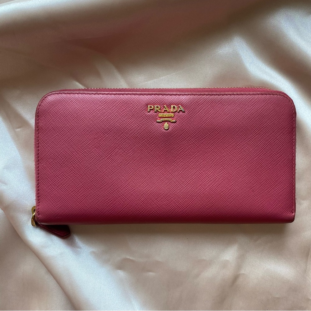 PRADA Logo Saffiano Leather Zip Around Long Wallet Rose Lightly Used